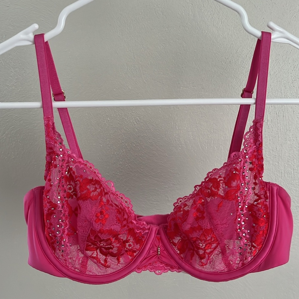 VS Rhinestone Bling Embroidered Lace Unlined Demi - Pink